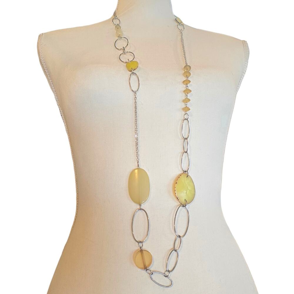 Chico's Necklace Chicos Pale Yellow Elongated Beads Silver Tone Chain 48" SK3017
